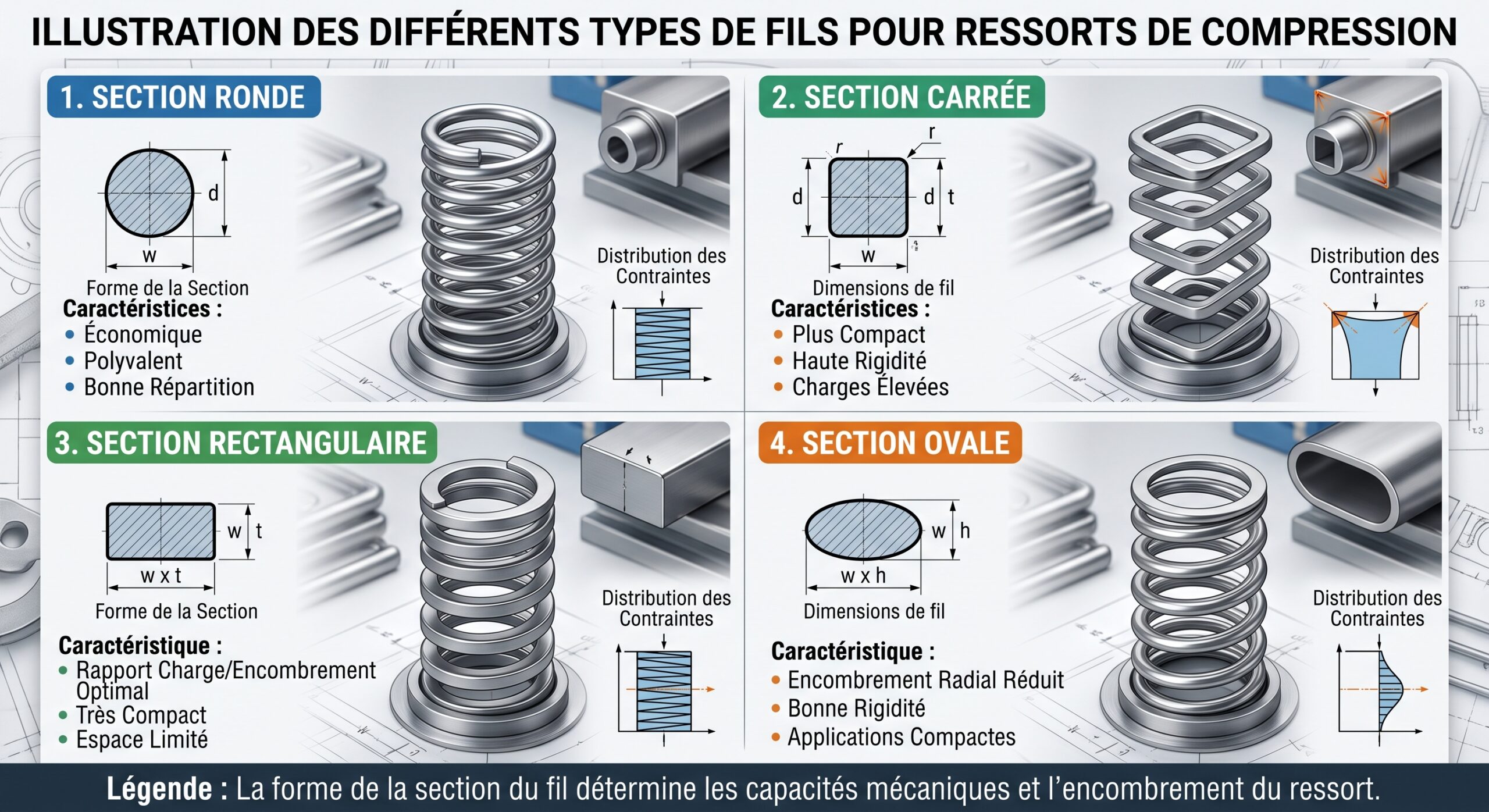 Illustration des différents types de fils pour ressorts de compression