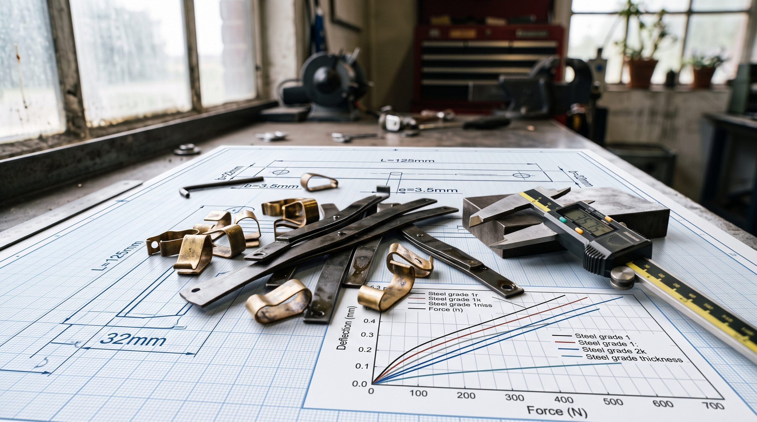 Échantillons de ressorts plats en acier carbone et feuillards inox sur plan de bureau d'études